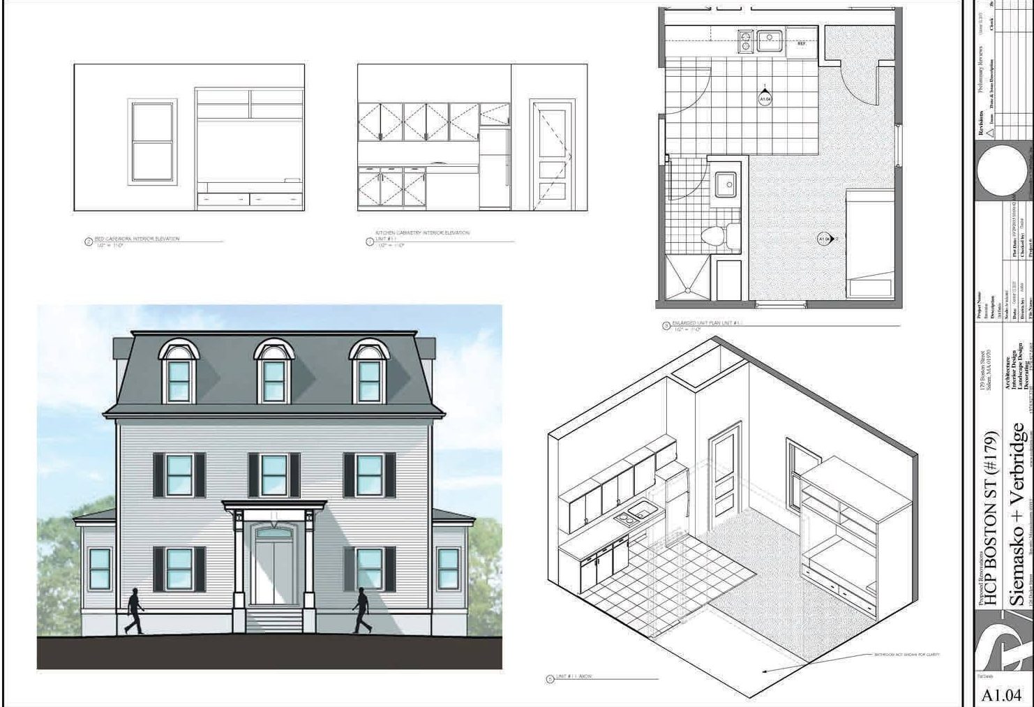 A rendering of a building and its floor plans.